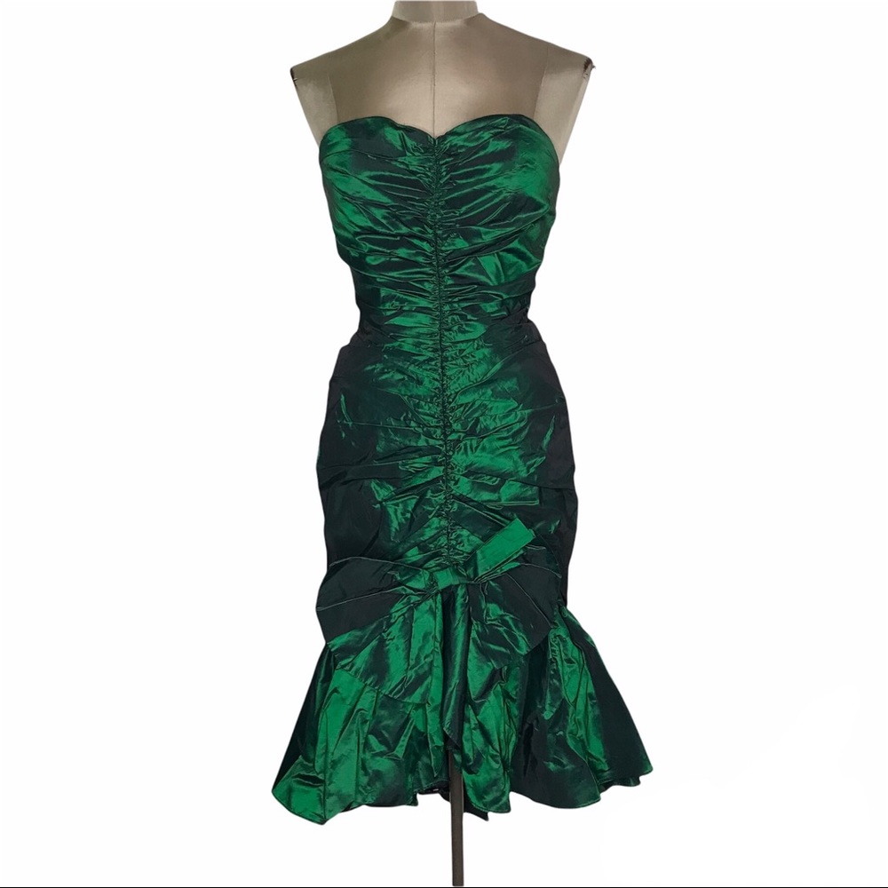 Vintage Green Taffita Ruched Mermaid Trumpet Formal Cocktail Party Prom Dress
